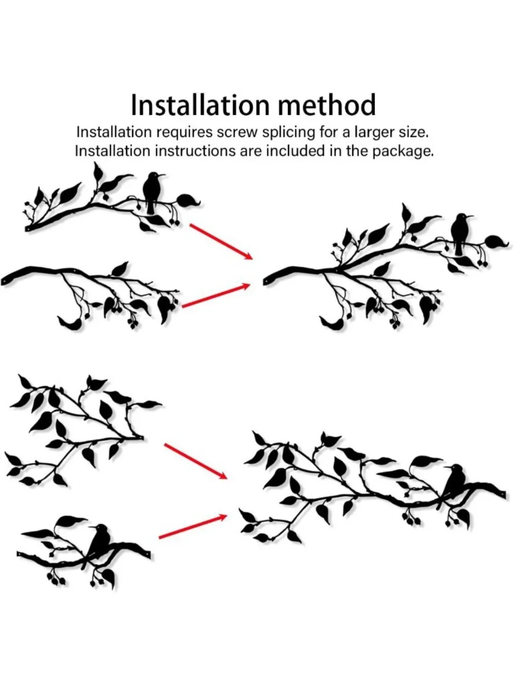 4PCS Large Metal Wall Art Decor - Birds on Branches, Black Leaves, Hummingbirds